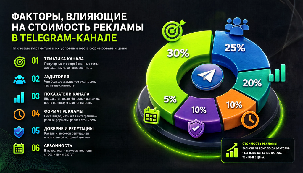 Инфографика факторов, влияющих на стоимость рекламы в Telegram-канале: тематика, сезонность и другие