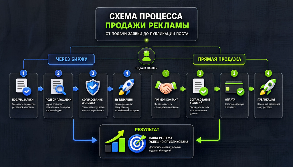 Схема процесса продажи рекламы через биржу и напрямую: от подачи заявки до публикации поста, две ветки с этапами и подписями