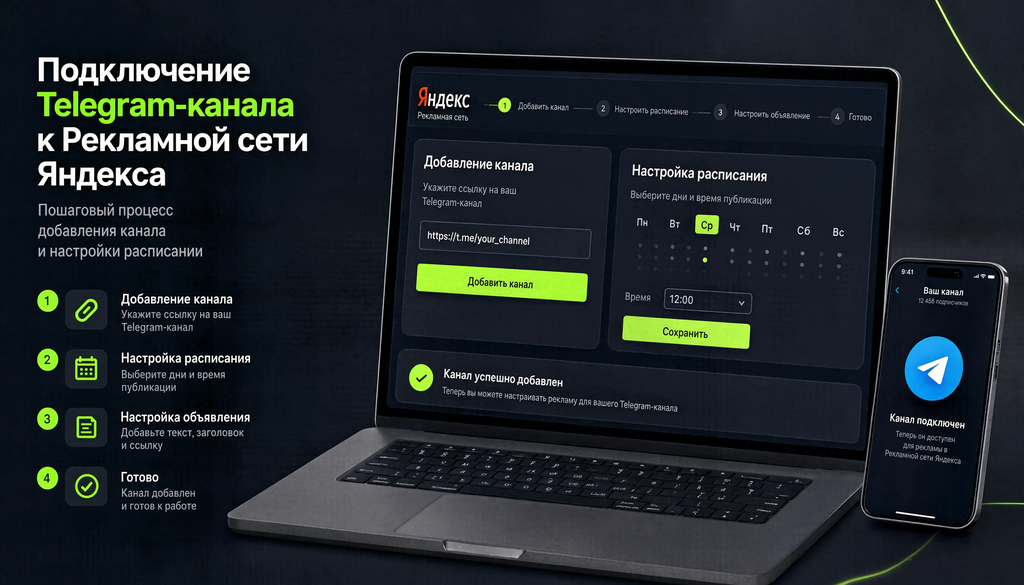 Интерфейс подключения Telegram-канала к Рекламной сети Яндекса с этапами добавления и настройки расписания
