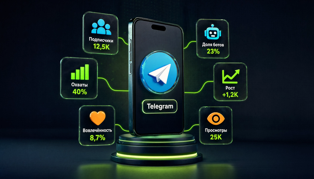 Инфографика факторов оценки стоимости Telegram-канала при продаже: охваты, доля ботов и другие критерии