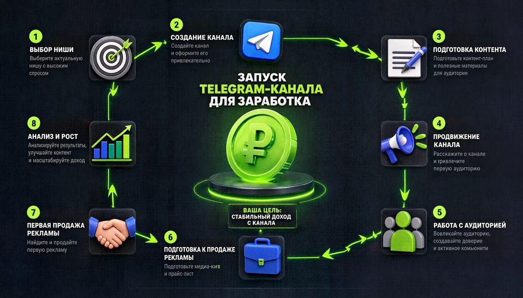 Схема пошагового запуска Telegram-канала для заработка от выбора ниши до первой продажи рекламы