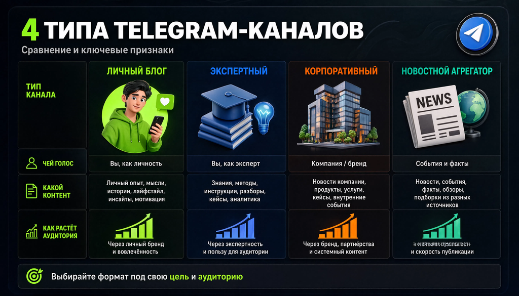 Сравнение четырёх типов Telegram-каналов: личный блог, экспертный, корпоративный, новостной агрегатор. Показаны ключевые признаки: чей голос, какой контент, как растёт аудитория. Схема помогает выбрать формат под свою цель.