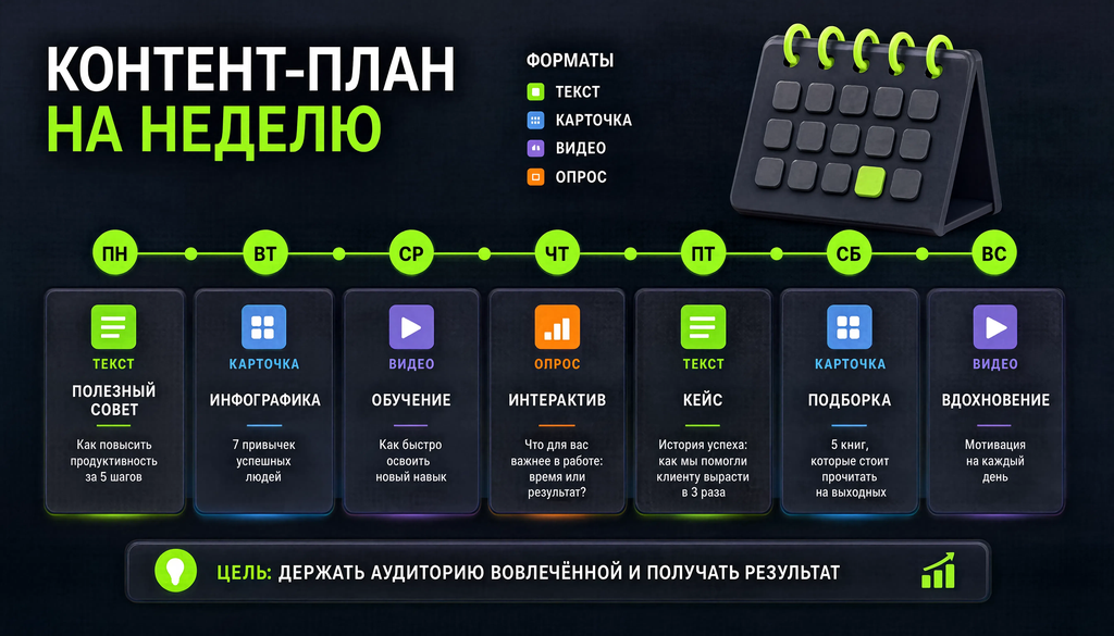 Инфографика с примером контент-плана на неделю: семь дней с рубриками, форматами и темами постов, цветовое выделение форматов (текст, карточка, видео, опрос)