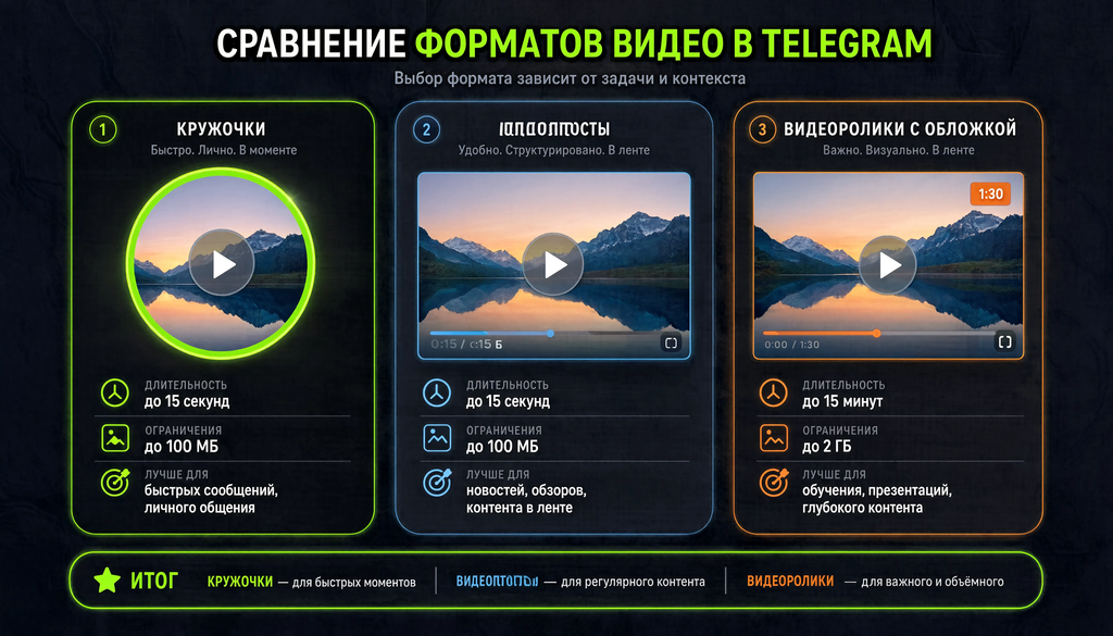 Сравнение трёх форматов видео в Telegram: кружочки, видеопосты и видеоролики с обложкой, с указанием длительности, ограничений и лучшего сценария использования