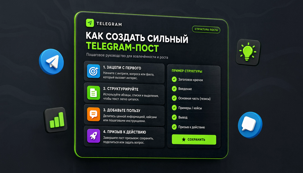 Скриншот хорошо оформленного поста в Telegram с подзаголовками, абзацами, тезисами, эмодзи и карточкой-гайд, демонстрирующий читаемую структуру.