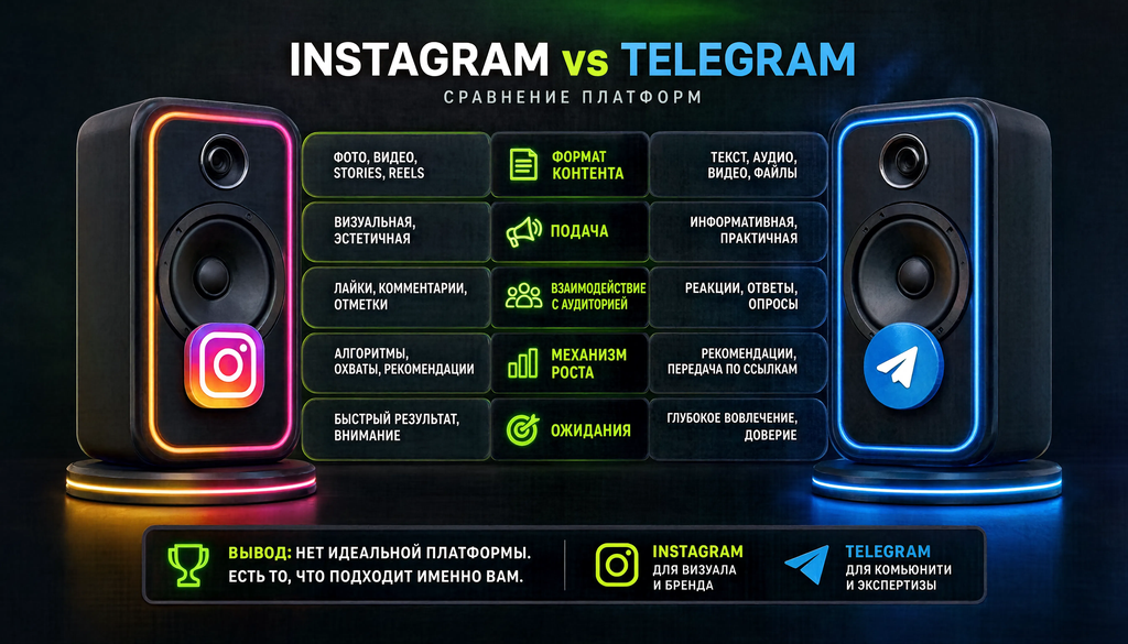 Сравнительная иллюстрация подходов к контенту в Instagram и Telegram: формат, подача, взаимодействие, механизм роста и ожидания аудитории, помогающая блогерам адаптироваться при переходе.