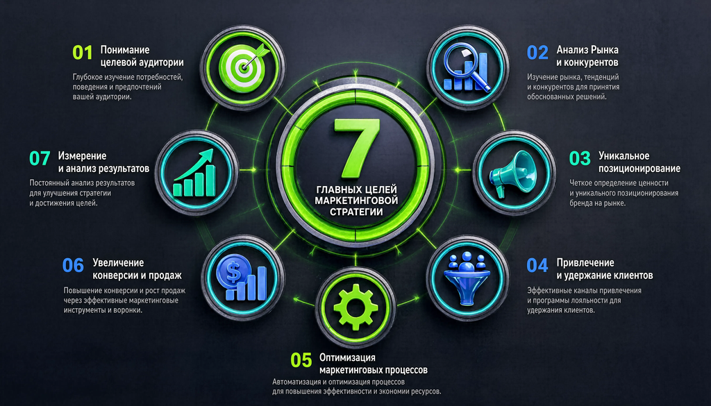 Инфографика с 7 главными целями маркетинговой стратегии, иконками и краткими описаниями