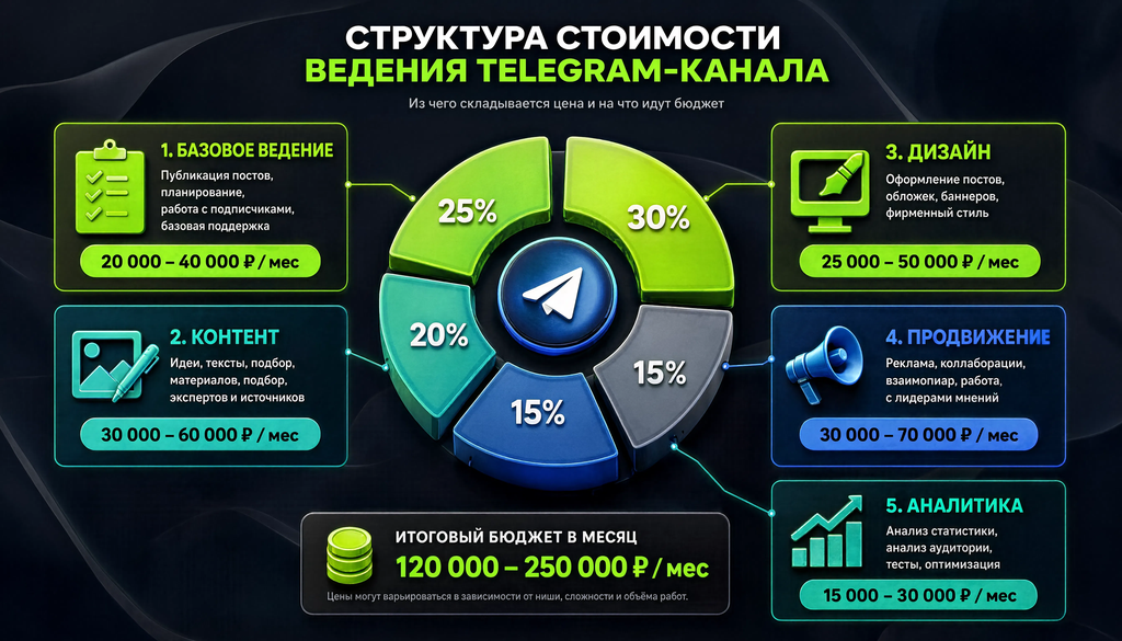 Инфографика структуры стоимости ведения Telegram-канала с ценовыми диапазонами и долей в бюджете