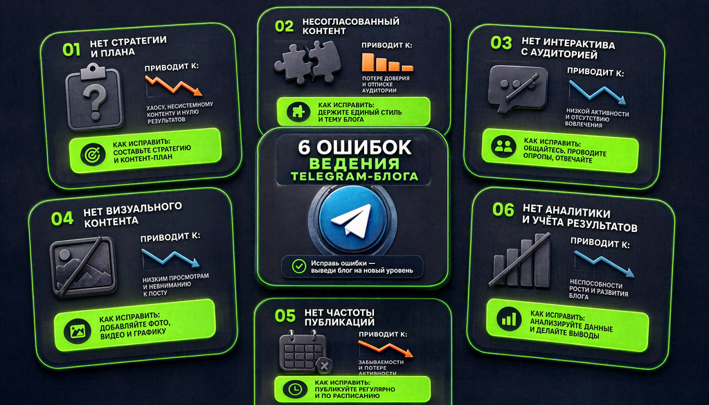 Инфографика с шестью типичными ошибками ведения Telegram-блога: описание ошибки, последствия и решение. Чек-лист для самопроверки.