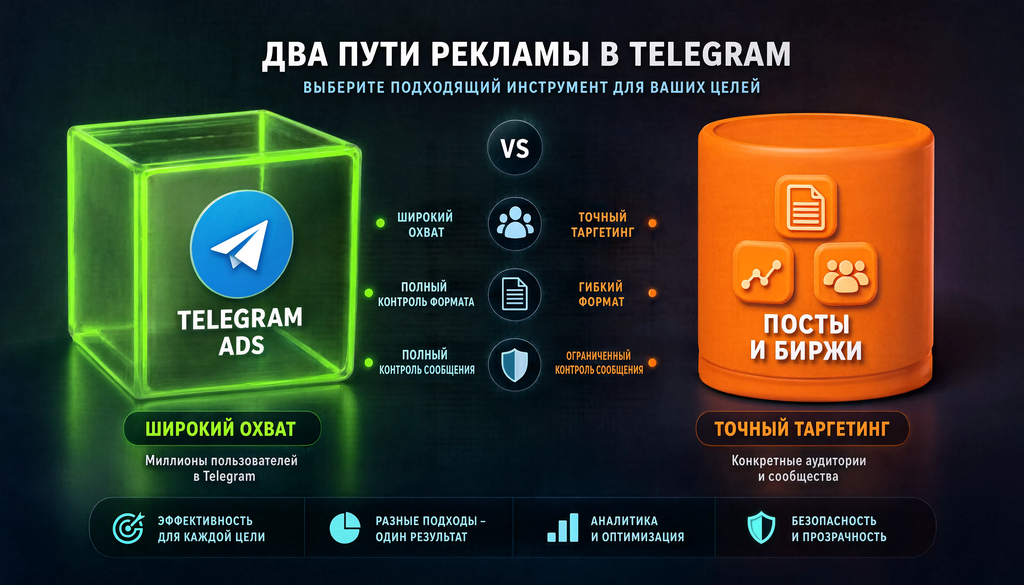 Схема сравнения двух путей рекламы в Telegram: официальный кабинет Telegram Ads и закупка постов через биржи или напрямую. Сравнение по охвату, формату и степени контроля.