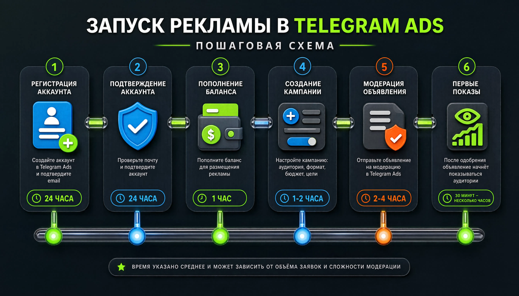 Пошаговая схема запуска рекламы в Telegram Ads от регистрации до первых показов с указанием среднего времени каждого шага