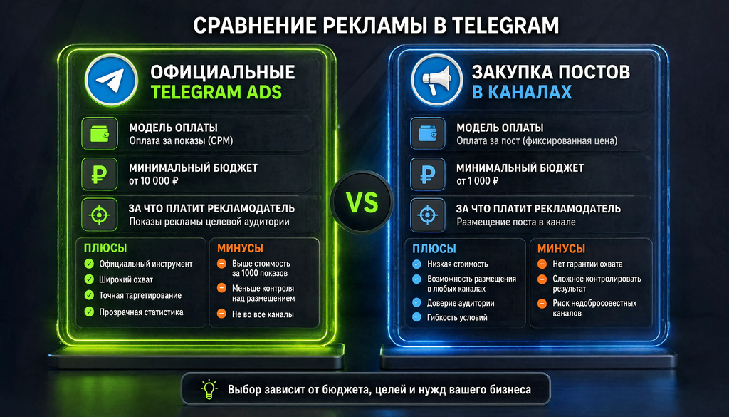 Сравнительная иллюстрация стоимости рекламы в Telegram Ads и закупки постов в каналах: модель оплаты, минимальный бюджет, за что платит рекламодатель, плюсы и минусы.