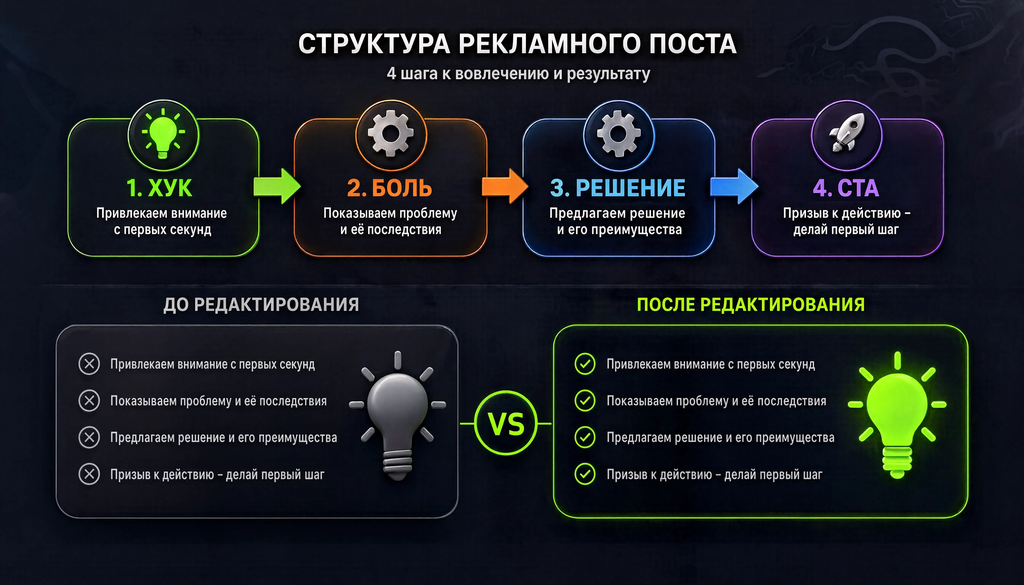 Схема структуры рекламного поста с разбором элементов: хук, боль, решение, призыв к действию. Сравнение сырого и доработанного варианта до и после редактуры.