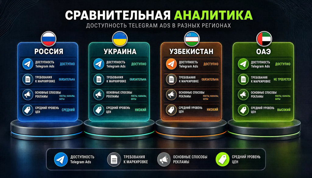 Сравнение регионов (Россия, Украина, Узбекистан, ОАЭ) по доступности Telegram Ads, требованиям к маркировке, основным способам рекламы и среднему уровню цен.