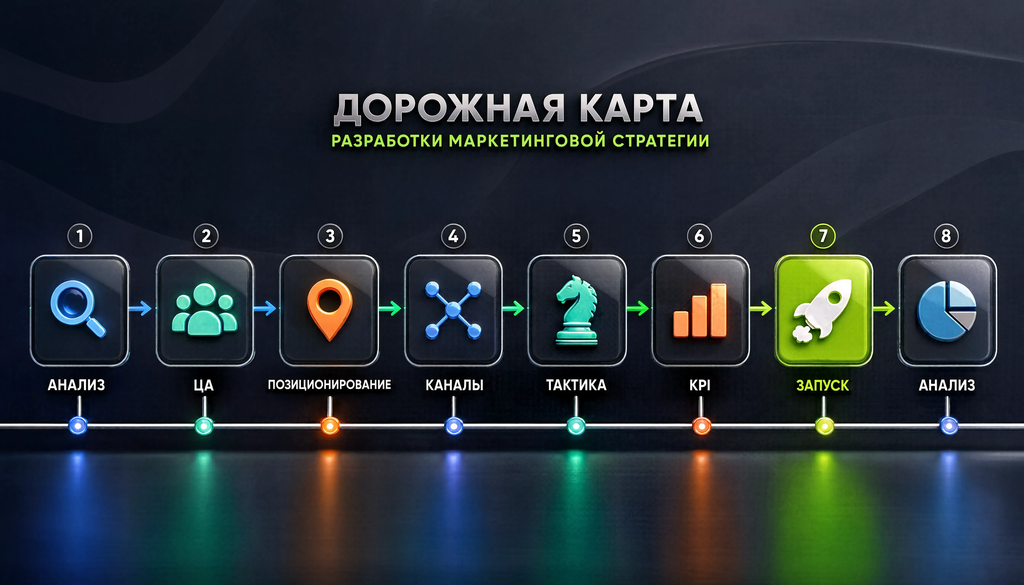 Пошаговая схема разработки маркетинговой стратегии: визуальная дорожная карта этапов от анализа до анализа