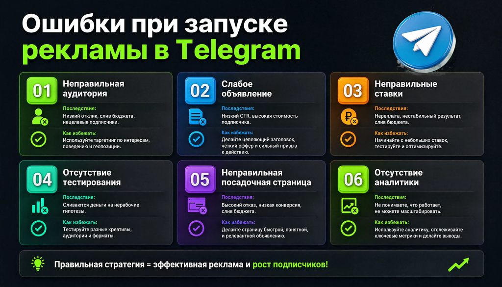 Инфографика с типичными ошибками при запуске рекламы в Telegram, последствиями и способами их избежать.