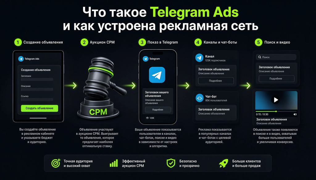 Схема работы Telegram Ads: от создания объявления до показа в каналах, чат-ботах, поиске и видеоплеере