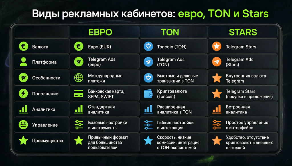 Сравнительная таблица-инфографика трех типов кабинетов Telegram Ads: способ пополнения, гео, минимальный CPM, форматы и ограничения. Помогает выбрать подходящий вариант.