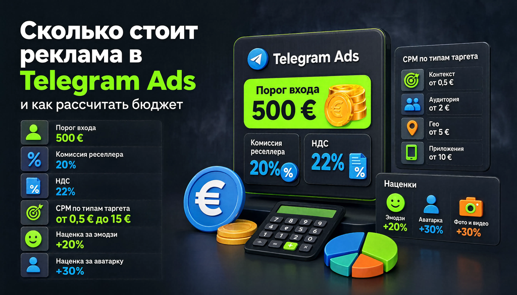 Инфографика структуры стоимости рекламы в Telegram Ads: порог входа 500 евро, комиссия реселлера 20%, НДС 22%, диапазоны CPM по типам таргета, наценки за эмодзи (+20%), аватарку (+30%), фото и видео. Помогает заранее спланировать бюджет без скрытых расходов.