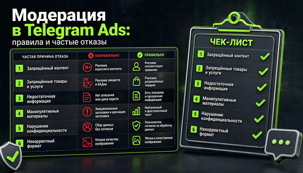 Checklist of common reasons for Telegram Ads moderation rejection with wrong and right examples