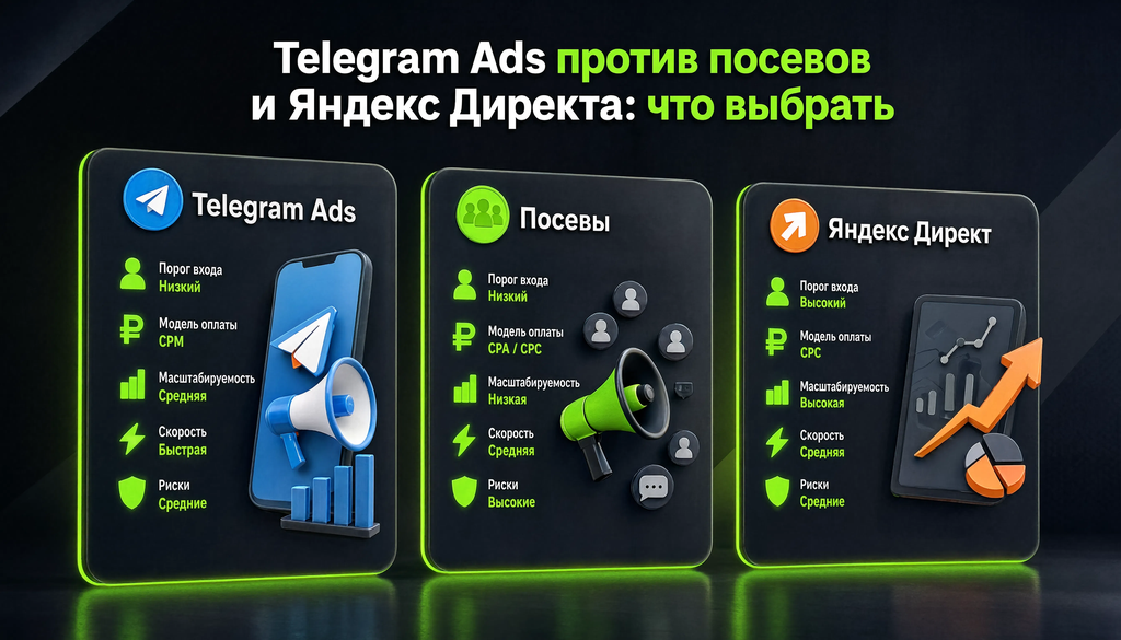 Сравнение трёх способов рекламы в Telegram: Telegram Ads, посевы и Яндекс Директ &mdash; по порогу входа, модели оплаты, масштабируемости, скорости и рискам.