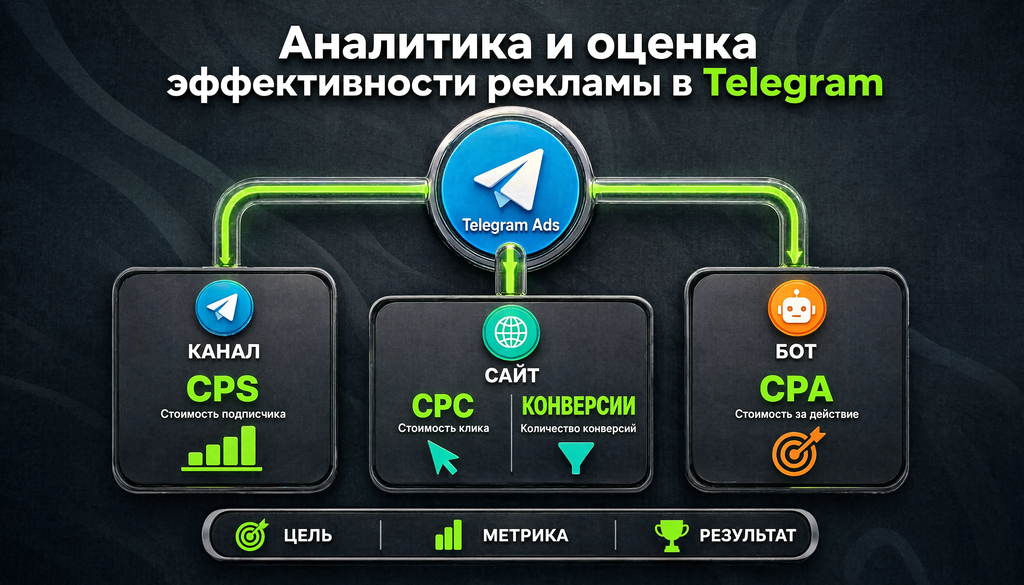 Инфографика метрик Telegram Ads: CPS для канала, CPC и конверсии для сайта, CPA для бота