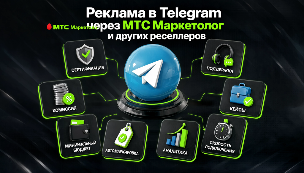 Критерии выбора реселлера или агентства для Telegram Ads: сертификация, комиссия, минимальный бюджет, автомаркировка, аналитика, скорость подключения, кейсы, поддержка.