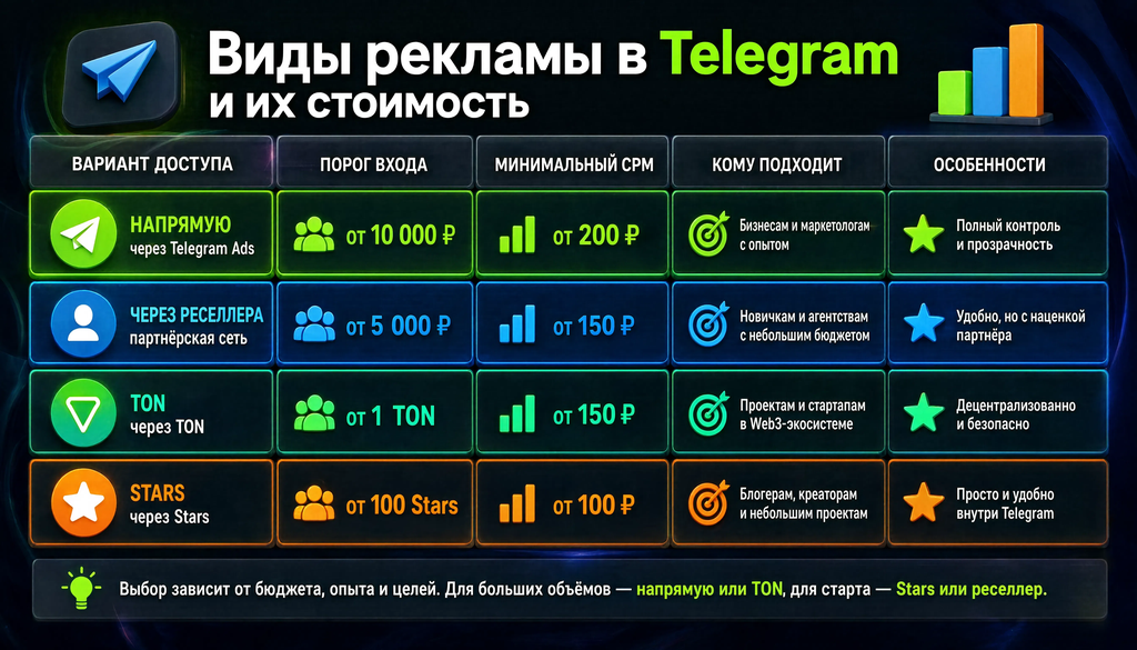 Table comparing Telegram Ads access options: direct, reseller, TON, Stars with entry threshold, minimum CPM, and target audience.