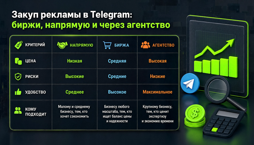 Сравнительная таблица способов закупки рекламы: напрямую, биржа, агентство по параметрам цена, риски, удобство, кому подходит