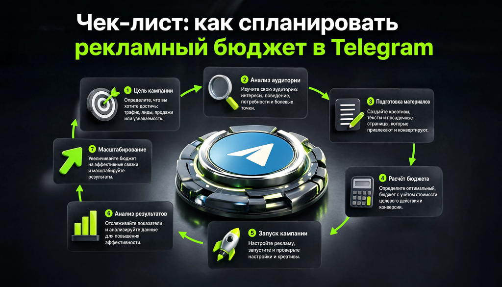 Step-by-step diagram of planning a Telegram advertising campaign from goal to scaling