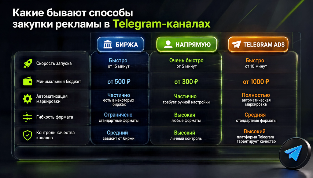 Сравнительная таблица способов закупки: биржа, напрямую, Telegram Ads по критериям: скорость запуска, минимальный бюджет, автоматизация маркировки, гибкость формата, контроль качества каналов