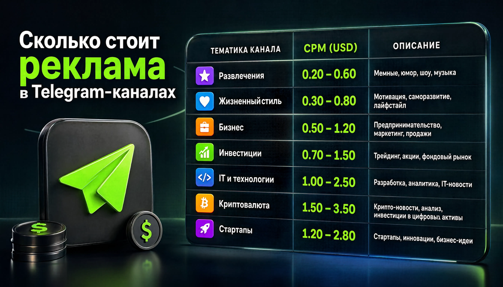 Таблица диапазонов CPM по основным тематикам Telegram-каналов от развлекательных до IT и крипты