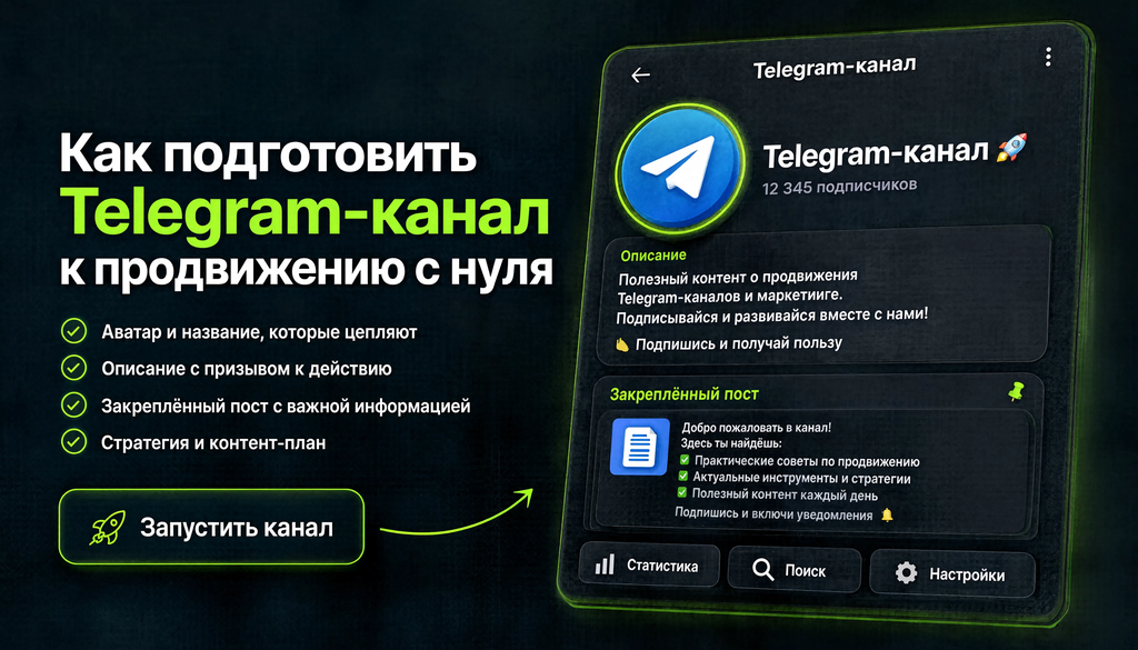 Пример хорошо упакованного Telegram-канала: название с emoji, лаконичное описание с призывом к действию, аккуратный аватар и информативный закреп. Скриншот с подписями к каждому элементу.