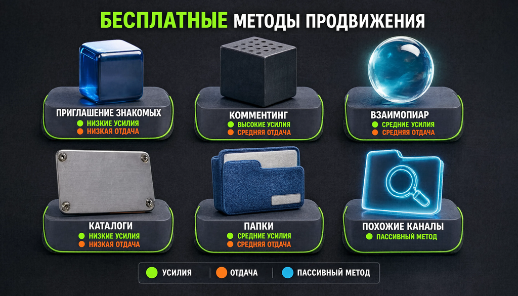 Схема бесплатных методов продвижения с указанием усилий и отдачи каждого: приглашение знакомых, комментинг, взаимопиар, каталоги, папки, похожие каналы.