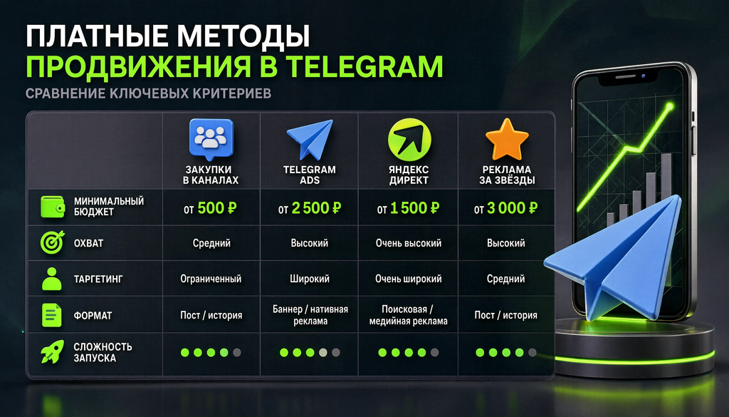 Сравнение платных методов продвижения в Telegram: закупки в каналах, Telegram Ads, Яндекс Директ, реклама за звёзды. Критерии: бюджет, охват, таргетинг, формат, сложность запуска.