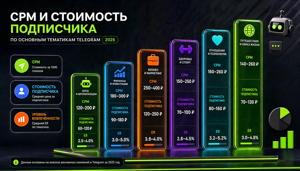 Диаграмма CPM и стоимости подписчика по тематикам Telegram в 2025 году