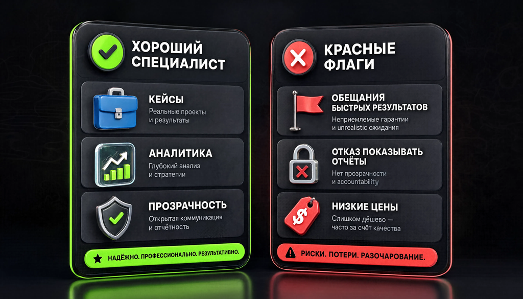 Схема критериев выбора специалиста по продвижению Telegram-канала: хороший специалист (кейсы, аналитика, прозрачность) и красные флаги (обещания быстрых результатов, отказ от отчетов, низкие цены)