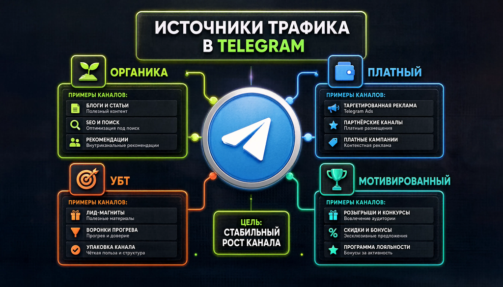 Схема источников трафика в Telegram: органика, платный, УБТ, мотивированный с примерами каналов привлечения