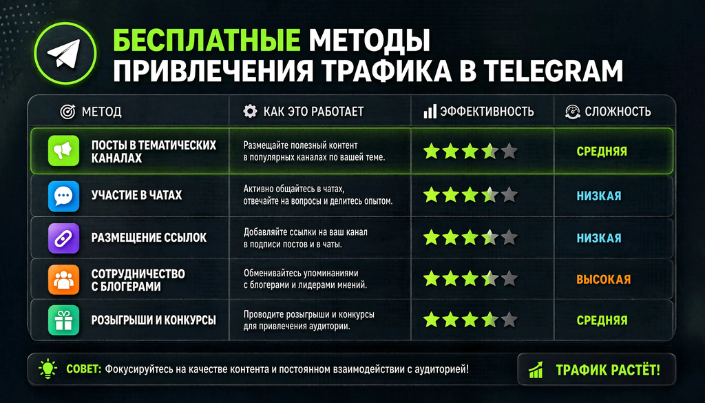 Сравнение бесплатных методов привлечения трафика в Telegram: таблица методов, сложности, скорости, качества аудитории и ожидаемого результата.