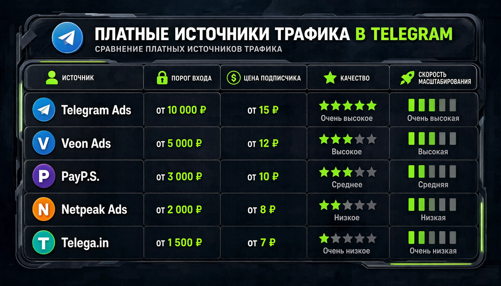 Сравнение платных источников трафика в Telegram: таблица с порогом входа, ценой подписчика, качеством и скоростью масштабирования