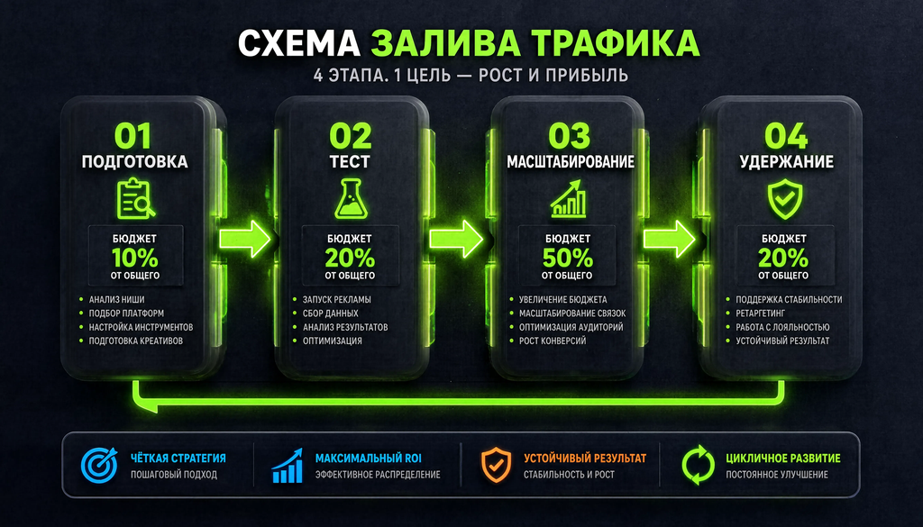 Пошаговая схема залива трафика с этапами подготовки, тестирования, масштабирования и удержания, бюджет и действия на каждом этапе
