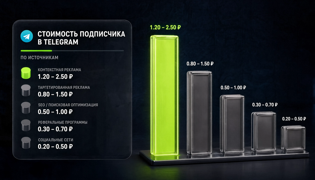 Infographic showing cost per subscriber in Telegram by sources, bar chart with price ranges.