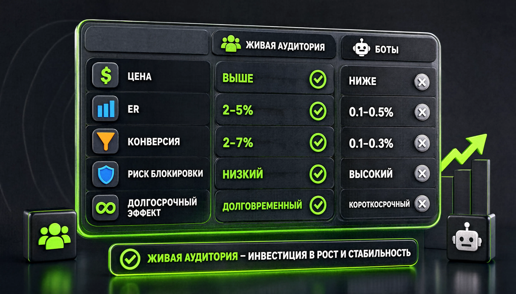 Сравнительная таблица живой аудитории и ботов: цена, ER, конверсия, риск блокировки, долгосрочный эффект.