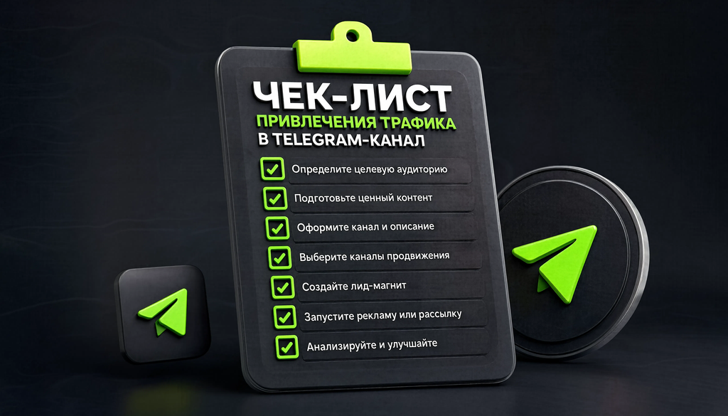 Чек-лист привлечения трафика в Telegram-канал, компактная карточка с галочками для сохранения и печати