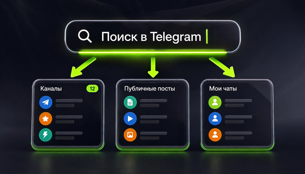Схема поиска в Telegram: от строки поиска до вкладок Каналы, Публичные посты, Мои чаты
