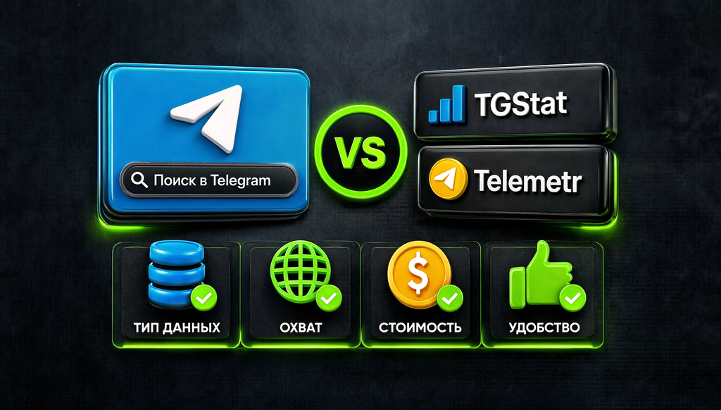 Сравнение встроенного поиска Telegram и сервисов TGStat, Telemetr по параметрам: тип данных, охват, стоимость, удобство