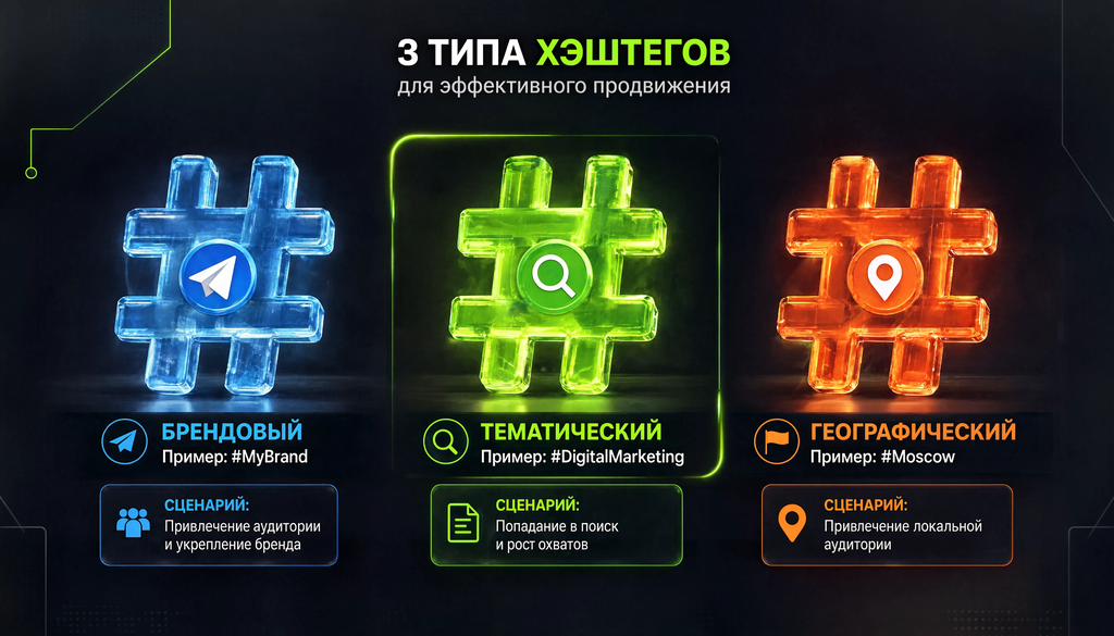 Инфографика: три типа хэштегов в Telegram &mdash; брендовые, тематические, географические, с примерами и сценариями применения. Помогает выбрать стратегию хэштегов за 10 секунд.
