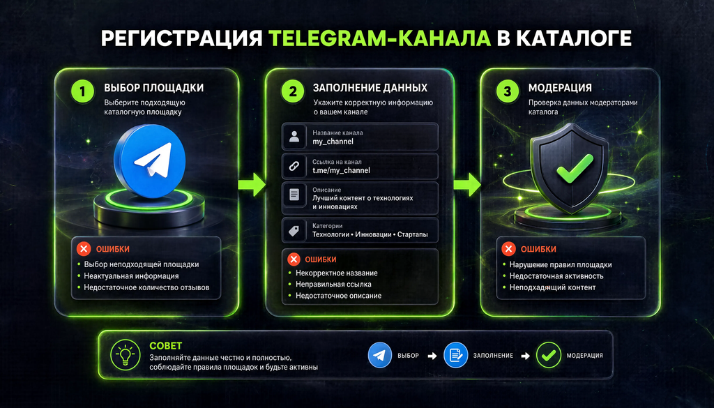 Схема этапов регистрации Telegram-канала в каталоге: от выбора площадки до модерации, с типичными ошибками на каждом шаге