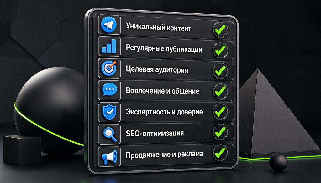 Чек-лист из 7 пунктов для поднятия рейтинга Telegram-канала с иконками и пояснениями