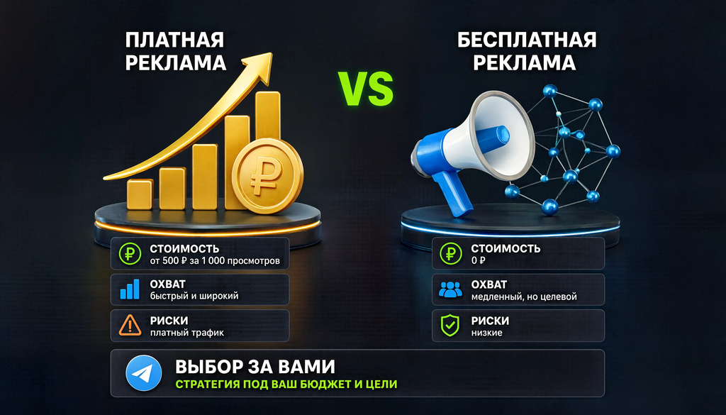 Сравнение платных и бесплатных способов рекламы Telegram-канала по стоимости, охвату и рискам. Визуал помогает выбрать стратегию под бюджет.